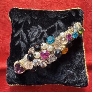 VTG MCM Clip Paris Barrette Wire Wrapped Rhinestone Glass Facet & Pearl Bead 3”